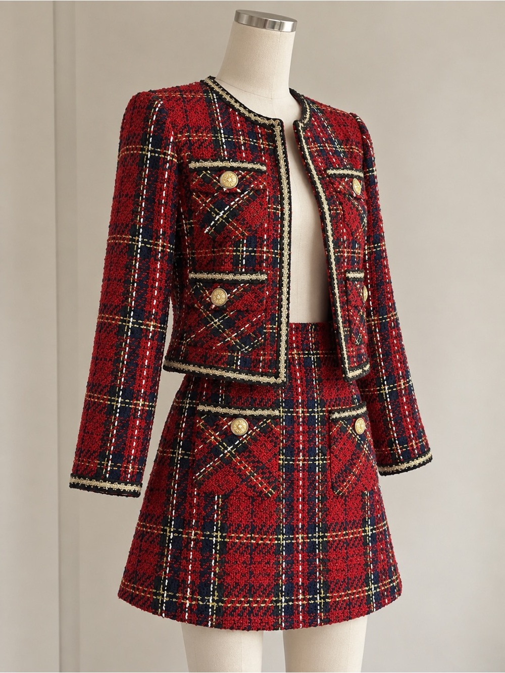 VERO MODA Red Plaid Tweed Jacket Mini Skirt 2 Piece Christmas Holiday Set XS